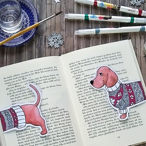 Dachshund Bookmark Coloring Page Greeting Card Christmas - Etsy