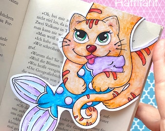 Kitty Cat hugs Fish CORNER BOOKMARKS to color and craft | Digital Download