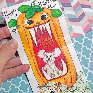 HALLOWEEN | Cartões surpresa de boca grande - morcego, fantasma, abóbora, doce, gato em envelope de múmia para colorir e criar
