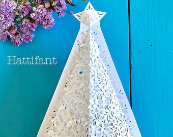 3D Paper Cut | 3D Christmas Tree Luminary with flower & leaf pattern to cut by hand