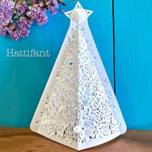 3D Paper Cut 3D Christmas Tree Luminary with flower & leaf pattern to cut by hand image 1