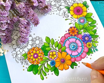 Coloriages et cartes postales | Enchevêtrements de fleurs à colorier - Téléchargement immédiat