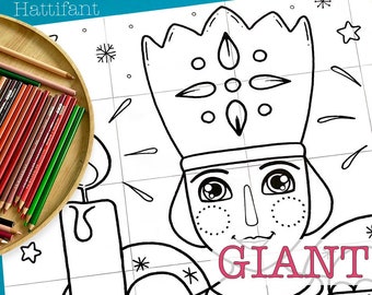 Op de afbeelding: Een zwart-witte kleurplaat met een cartoonfiguur met een kroon en het woord "GIANT". Het figuur houdt een kaars vast.