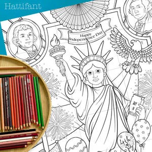 May include: A black and white coloring page featuring the Statue of Liberty holding a torch, a bald eagle, fireworks, and the text "Happy Independence Day".