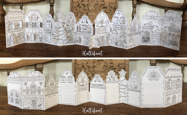 May include: A black and white printable advent calendar with a gingerbread house theme. The calendar features 24 individual houses with doors that can be opened each day leading up to Christmas. The calendar is designed to be cut out and assembled.