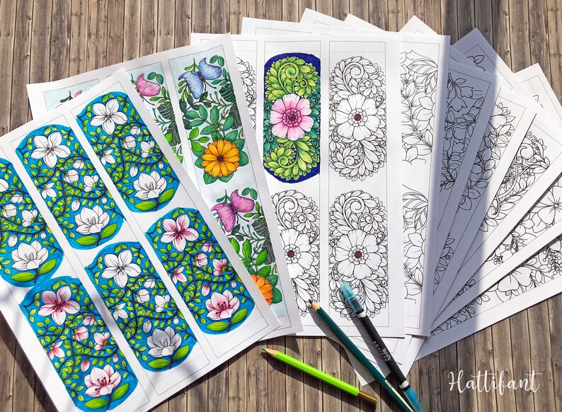 Pode incluir: Uma cole&ccedil;&atilde;o de marcadores para colorir com temas florais e borboletas. Alguns s&atilde;o coloridos com tons vibrantes, enquanto outros s&atilde;o desenhos a tra&ccedil;o em preto e branco. L&aacute;pis de cor est&atilde;o espalhados. O texto "Hattifant" &eacute; vis&iacute;vel.