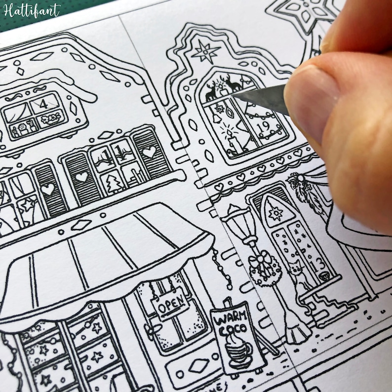 May include: A black and white illustration of a gingerbread house with a shop front that says "Open" and a sign that says "Warm Coco". The house is decorated with hearts, stars, and a Christmas tree.