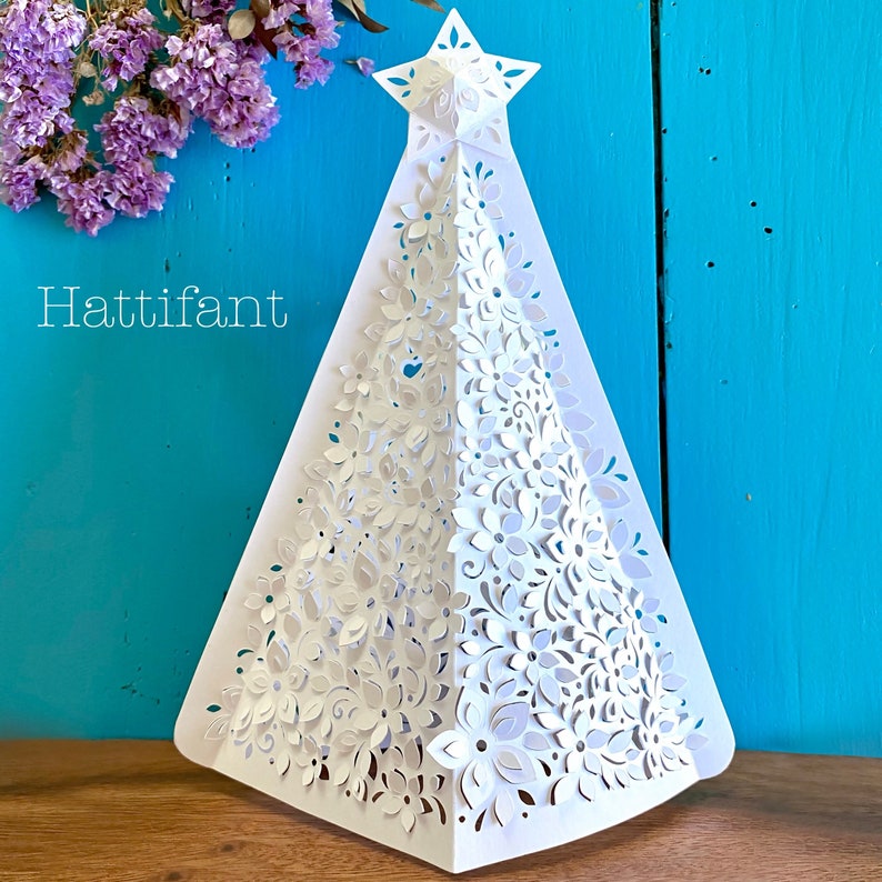 3D Paper Cut 3D Christmas Tree Luminary with flower & leaf pattern to cut by hand image 1