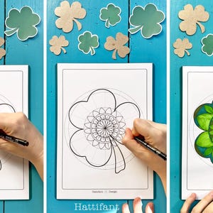 May include: A step-by-step guide to drawing a detailed mandala design inside a four-leaf clover shape. The first image shows the outline of the clover, the second image shows the mandala design being drawn, and the third image shows the completed mandala design in green, blue, and yellow.