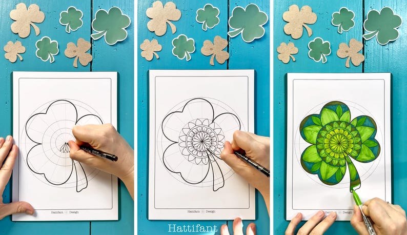May include: A step-by-step guide to drawing a detailed mandala design inside a four-leaf clover shape. The first image shows the outline of the clover, the second image shows the mandala design being drawn, and the third image shows the completed mandala design in green, blue, and yellow.