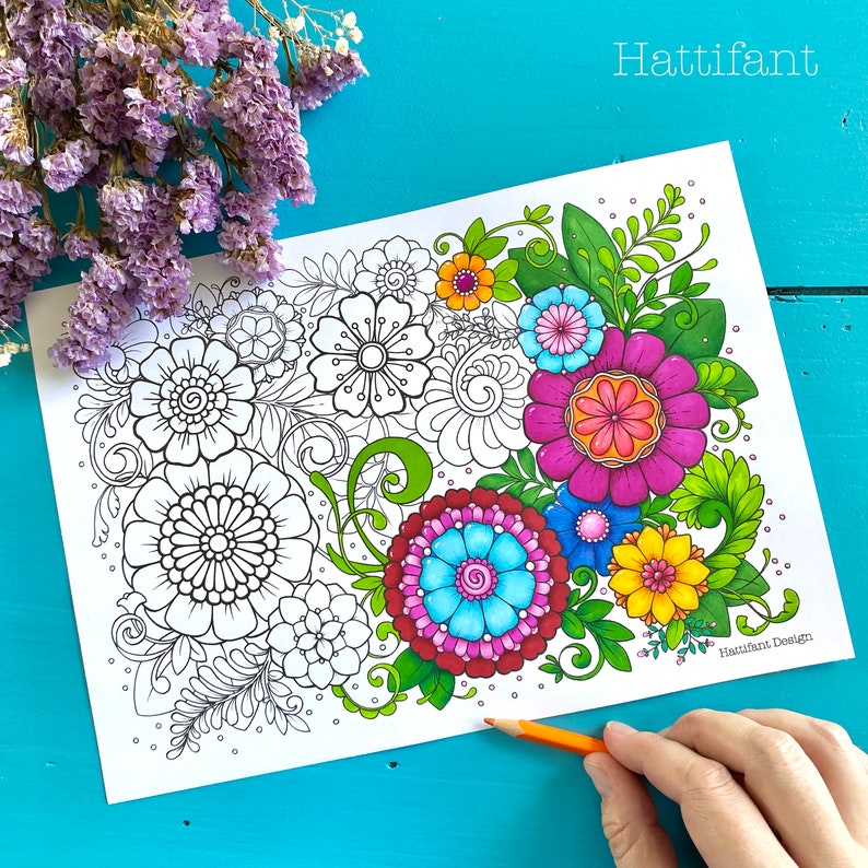 Coloring Pages & Post Cards Flower Tangles to Color Instant Download image 2