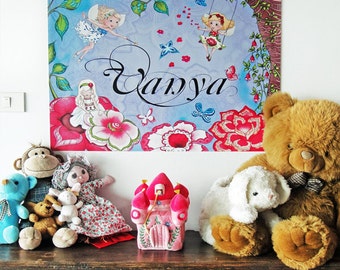 Sticker mural chambre d'enfant bébé fille nom personnalisé Décor impression d'art fées nature et papillons