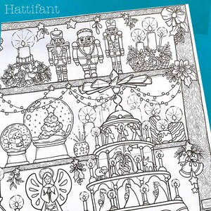 May include: A black and white illustration of a Christmas scene with a nutcracker, a nativity scene, a snow globe, and an angel. The illustration is titled "Hattifant".