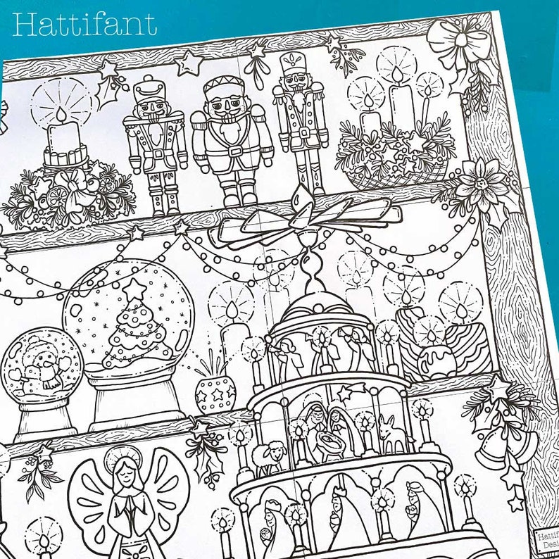 May include: A black and white illustration of a Christmas scene with a nutcracker, a nativity scene, a snow globe, and an angel. The illustration is titled "Hattifant".
