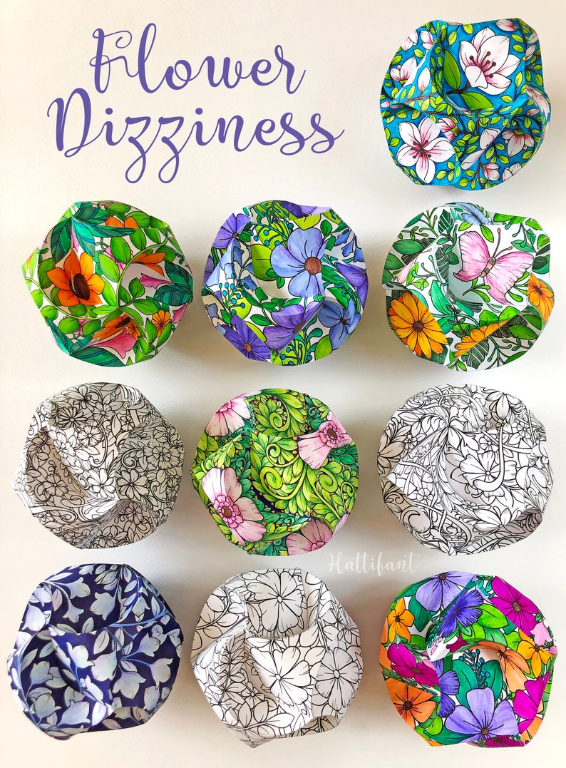 Pode incluir: Uma vista a&eacute;rea mostra nove trabalhos manuais em papel com padr&otilde;es florais coloridos. Os trabalhos manuais apresentam v&aacute;rios desenhos, incluindo borboletas, girass&oacute;is e intrincados padr&otilde;es florais em preto e branco. O texto "Flower Dizziness" est&aacute; escrito em it&aacute;lico.