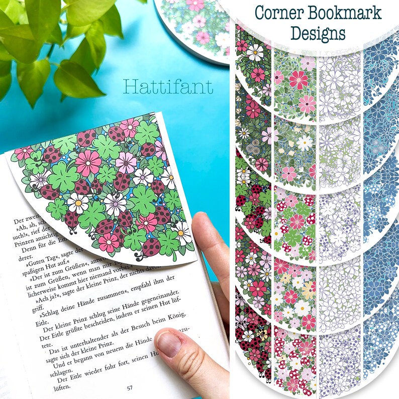 May include: A set of corner bookmarks with floral designs. The designs feature a variety of flowers, leaves, and ladybugs in shades of pink, green, blue, and white. The bookmarks are printed on white paper and are perfect for adding a touch of whimsy to your reading experience.