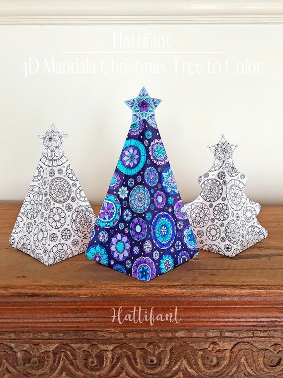3d Mandala Christmas Tree Ensemble To Color Etsy
