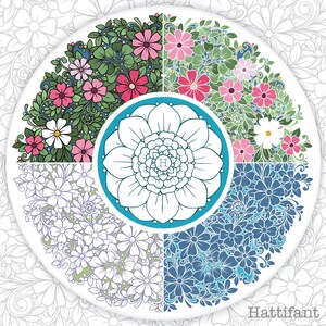 May include: A circular design with four sections, each featuring a different floral pattern. The top left section has pink and white flowers with green leaves. The top right section has pink and white flowers with green leaves. The bottom left section has light purple flowers with green leaves. The bottom right section has blue flowers with green leaves. The center of the design features a white flower with a blue center and the letter "H" in the center.