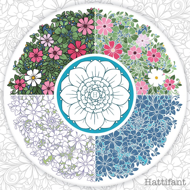 May include: A circular design with four sections, each featuring a different floral pattern. The top left section has pink and white flowers with green leaves. The top right section has pink and white flowers with green leaves. The bottom left section has light purple flowers with green leaves. The bottom right section has blue flowers with green leaves. The center of the design features a white flower with a blue center and the letter "H" in the center.