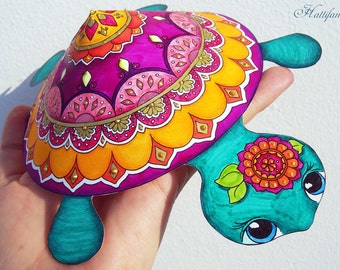 Tortue Mandala - Papercraft à colorier pour adultes & déjà colorié