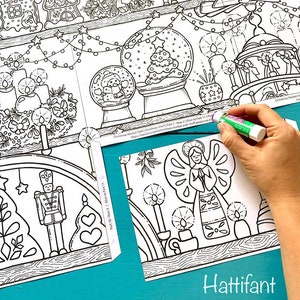 May include: A black and white coloring page featuring a Christmas market scene with a nutcracker, a Christmas tree, and an angel. The page is part of a larger set of coloring pages.
