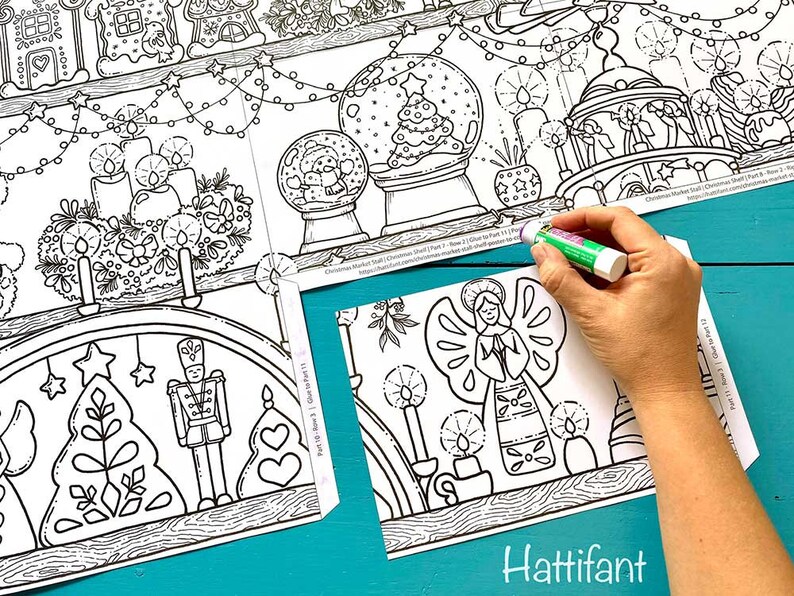 May include: A black and white coloring page featuring a Christmas market scene with a nutcracker, a Christmas tree, and an angel. The page is part of a larger set of coloring pages.