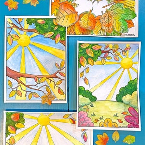 May include: Four printable autumn craft backgrounds featuring a sun with rays, a tree branch with leaves, and a grassy field. The backgrounds are perfect for creating fall-themed crafts.