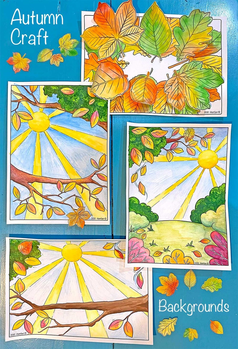 May include: Four printable autumn craft backgrounds featuring a sun with rays, a tree branch with leaves, and a grassy field. The backgrounds are perfect for creating fall-themed crafts.