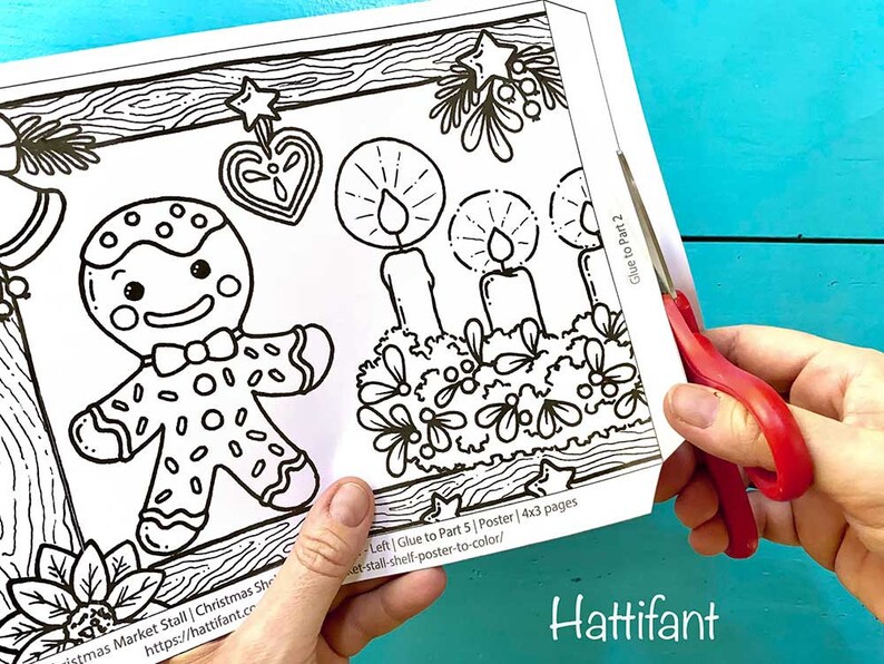 May include: A black and white printable Christmas market stall coloring page featuring a gingerbread person, candles, and a poinsettia. The page is part of a larger poster project and includes instructions to glue to part 2.
