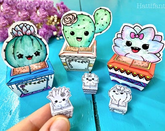 Succulent & Cactus Cutie Paper Craft Bundle | Paper Gift Box | Handmade Present | Coloring Page