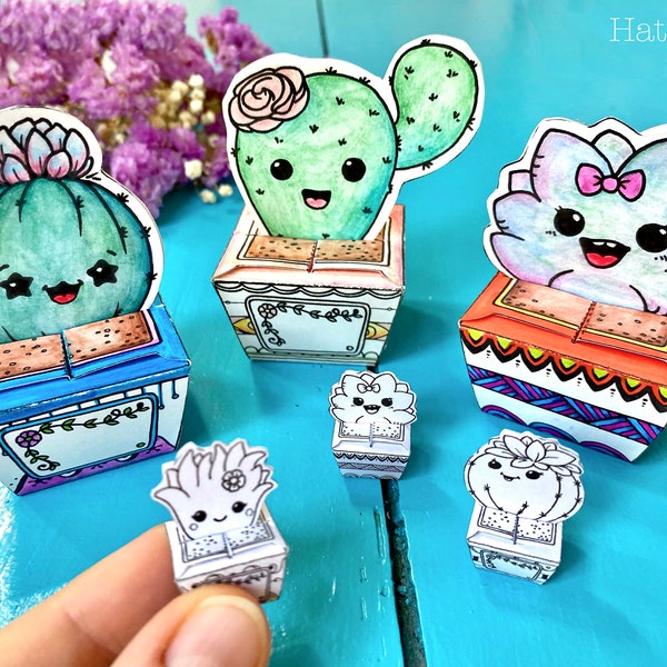 Succulent & Cactus Cutie Paper Craft Bundle | Paper Gift Box | Handmade Present | Coloring Page