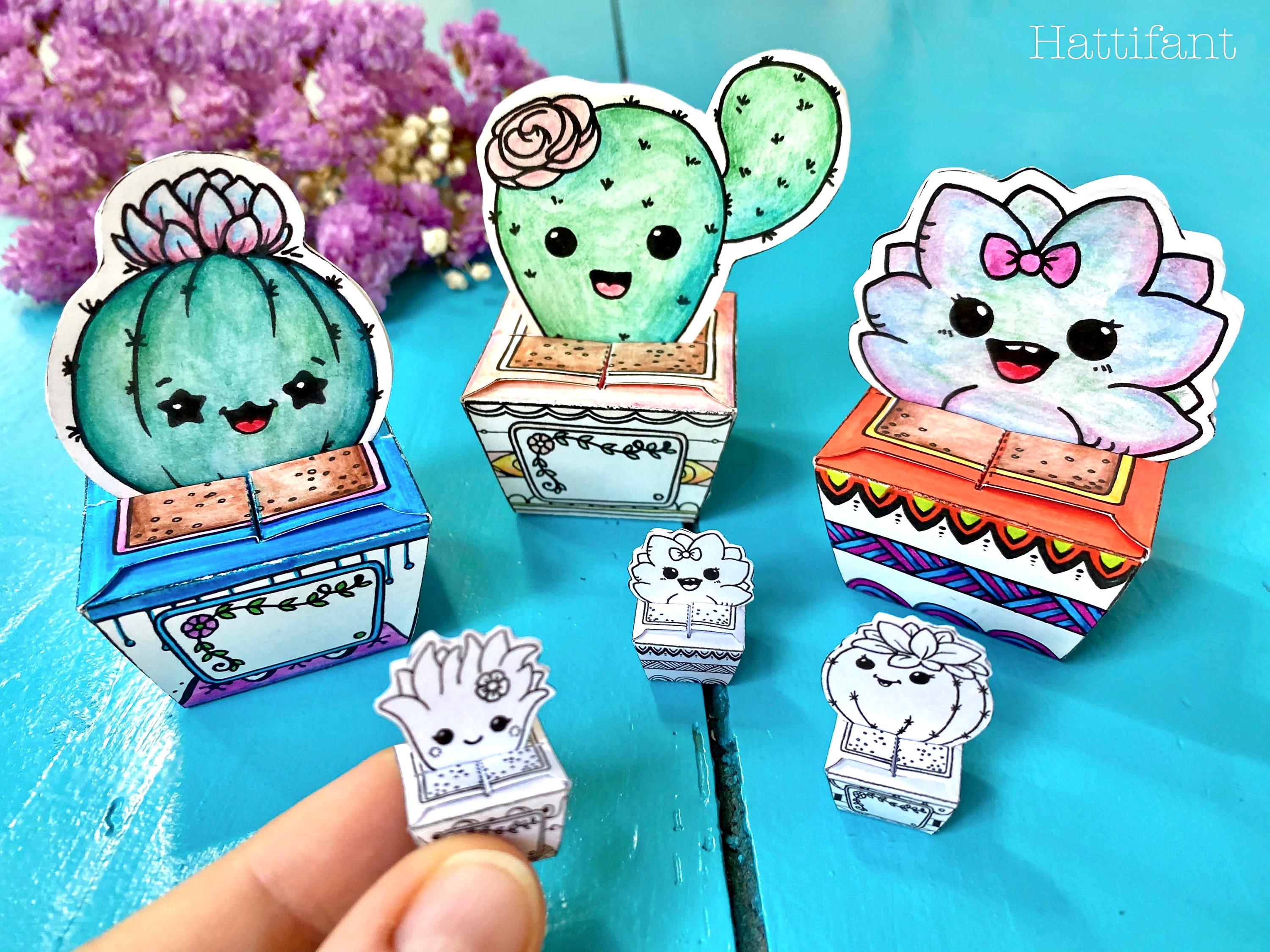 Succulent & Cactus Cutie Paper Craft Bundle | Paper Gift Box | Handmade Present | Coloring Page