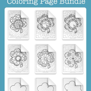 May include: A set of nine printable colouring pages featuring shamrock designs with intricate mandala patterns. The pages are perfect for adults and children who enjoy colouring.