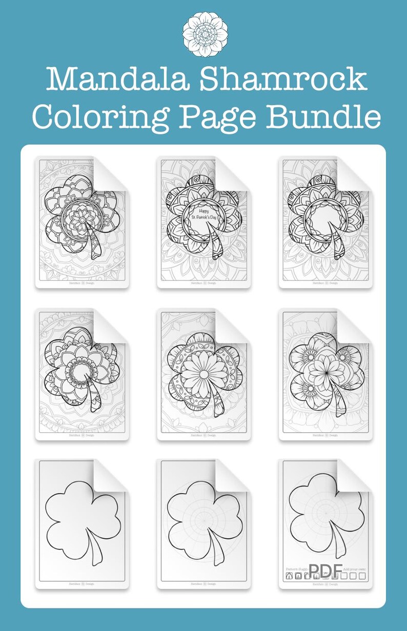 May include: A set of nine printable colouring pages featuring shamrock designs with intricate mandala patterns. The pages are perfect for adults and children who enjoy colouring.