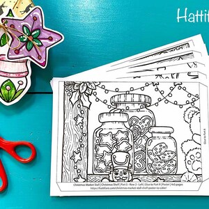 May include: Black and white printable coloring page of a Christmas market stall with jars of cookies, a nutcracker, and a teddy bear. The page is part of a larger poster that can be assembled by gluing together multiple pages. The text on the page reads "Christmas Market Stall | Christmas Shell | Part 5 - Row 2 - Left | Glue to Part 9 | Poster | 4x3 pages" and "https://hattifant.com/christmas-market-stall-shelf-poster-to-color".