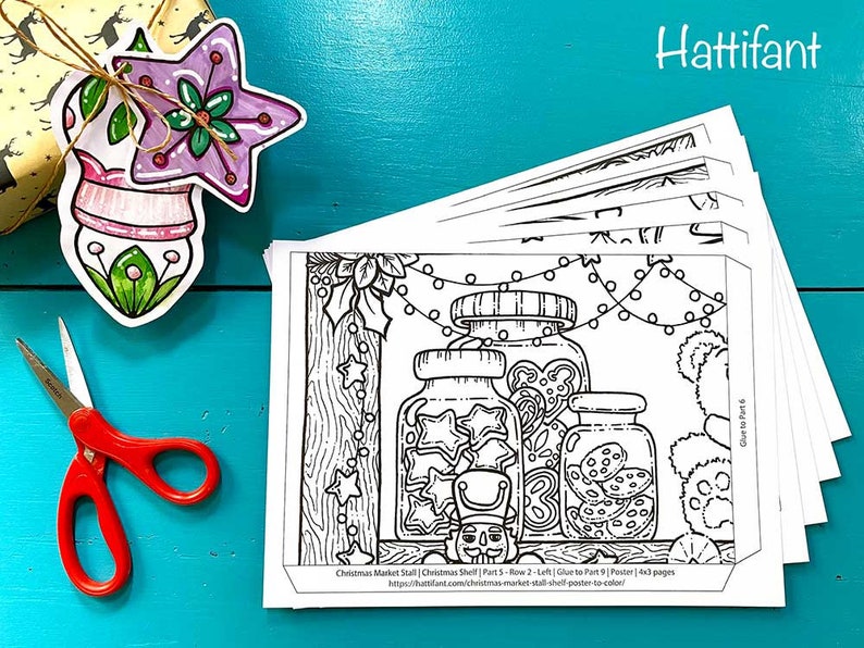 May include: Black and white printable coloring page of a Christmas market stall with jars of cookies, a nutcracker, and a teddy bear. The page is part of a larger poster that can be assembled by gluing together multiple pages. The text on the page reads "Christmas Market Stall | Christmas Shell | Part 5 - Row 2 - Left | Glue to Part 9 | Poster | 4x3 pages" and "https://hattifant.com/christmas-market-stall-shelf-poster-to-color".