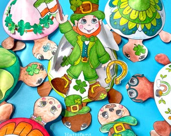 St. Patrick's Day Turtle Parade with cheeky Leprechaun - Paper Craft to Color - Instant download
