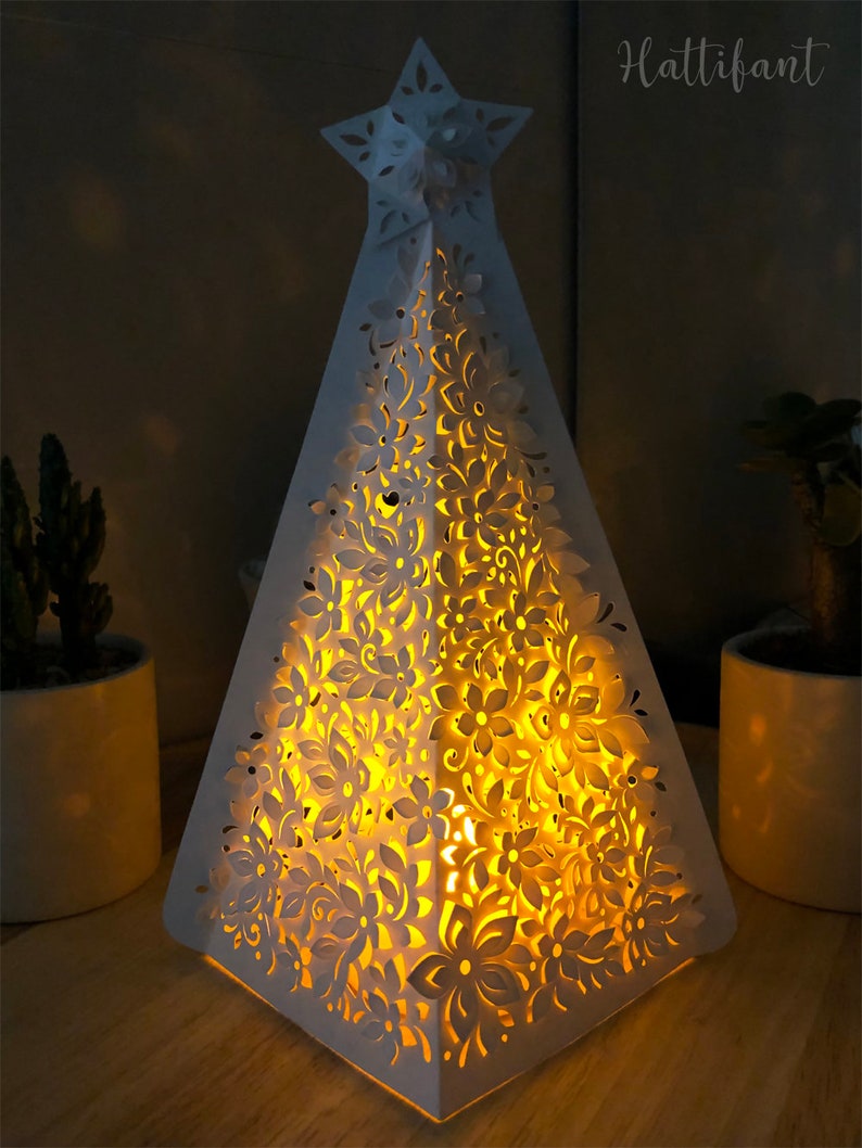 3D Paper Cut 3D Christmas Tree Luminary with flower & leaf pattern to cut by hand image 3