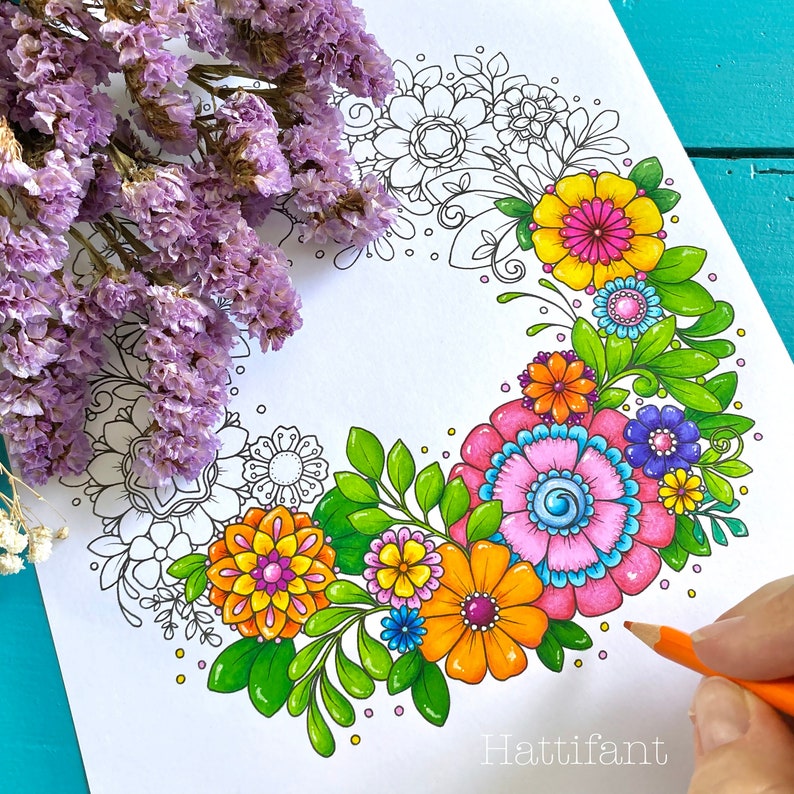 Coloring Pages & Post Cards Flower Tangles to Color Instant Download image 1