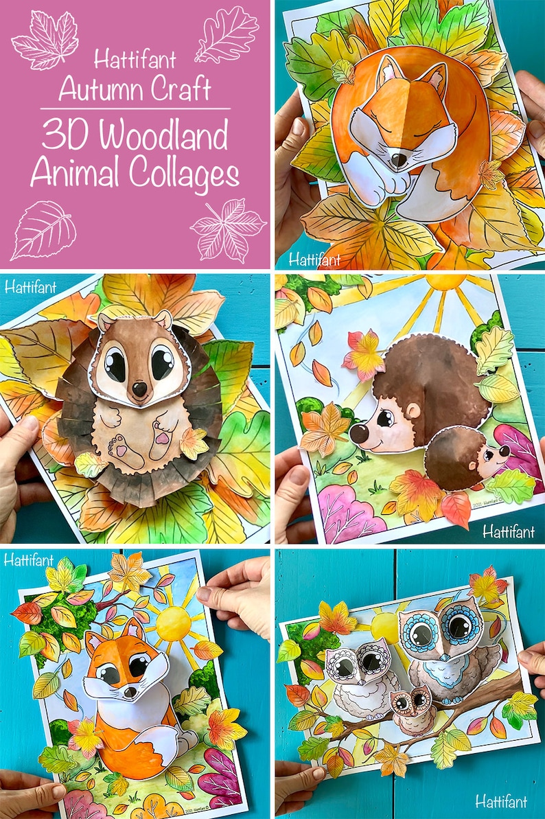 May include: Four printable 3D woodland animal collages for kids to create. The collages feature a fox, a squirrel, a hedgehog, and two owls. Each collage has a background of autumn leaves and a sun.