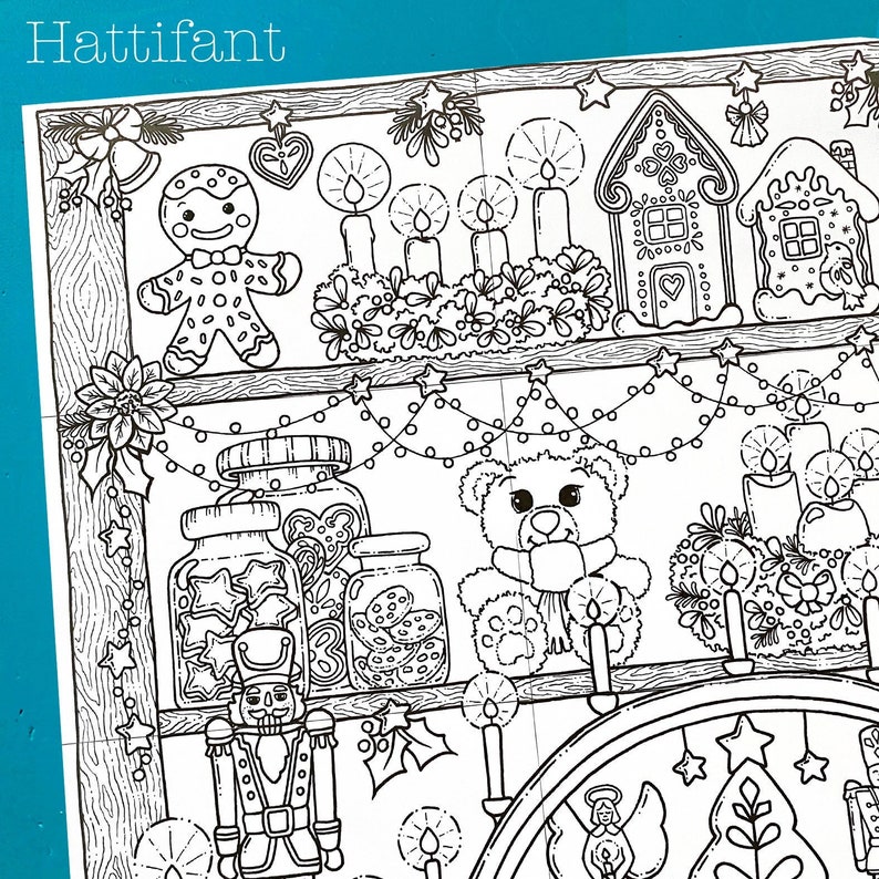 May include: A black and white illustration of a Christmas scene with a gingerbread house, a gingerbread man, a nutcracker, a teddy bear, and a wreath. The scene is decorated with stars, lights, and other festive details.