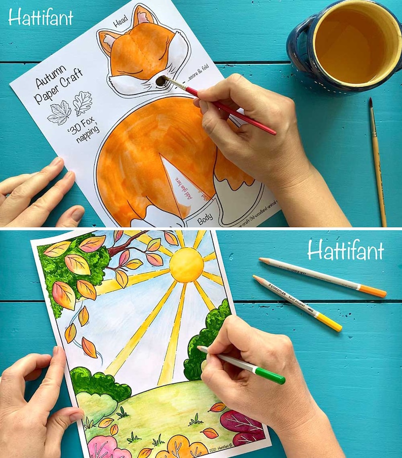 May include: A printable paper craft activity for kids featuring a 3D fox with a brown, orange, and white color scheme. The fox is napping with its eyes closed. The craft includes instructions to cut, fold, and glue the paper pieces together. The image also shows a hand coloring the fox with a red marker.