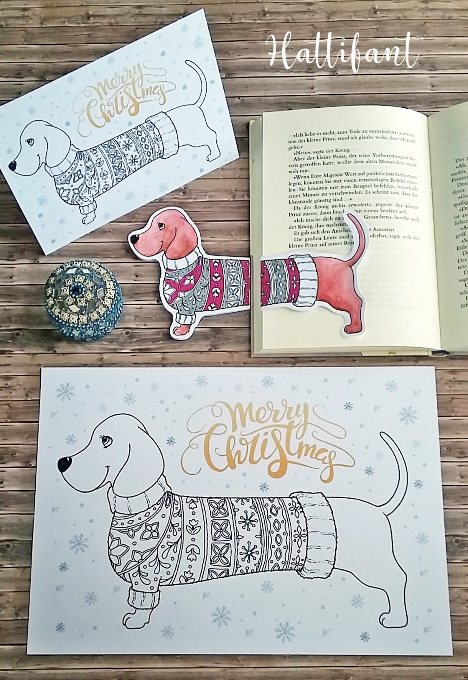 Dachshund Bookmark Coloring Page Greeting Card Christmas | Etsy