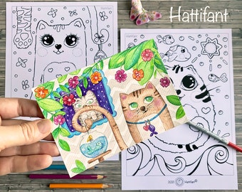 Cute Cats Coloring Adventure Paper Craft Bundle | Coloring Pages, Postcards, Poster to assemble