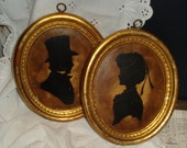 Gorgeous Vintage Silhouettes Pair Gold Black Plaster Chalk Wall Decor Hollywood Regency Cottage Chic French Country
