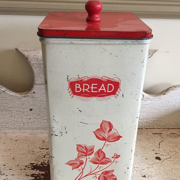 Neat Vintage Bread Box Tin Bread Bin Ivy Vine Red Cream Bread Drawer