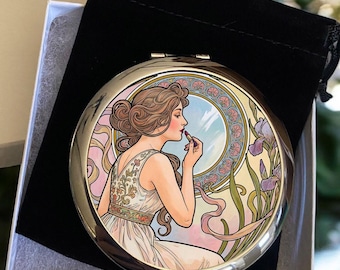 Mucha Art Nouveau Compact Mirror: Lipstick Glamor Makeup Gift, Magnifying, Silver or Bronze