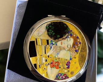 Gustav Klimt The Kiss Compact Mirror: Art Nouveau Lover Gift, Magnifying, Silver or Bronze