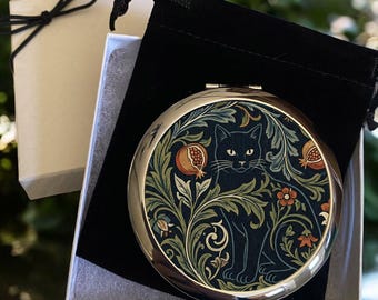 Morris Style Black Cat Compact Mirror: Animal Lover Gift, Magnifying, Silver or Bronze