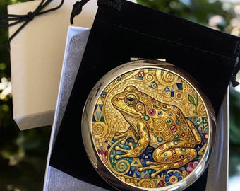 Klimt Style FROG Compact Mirror: Art Lover Gift, Magnifying, Silver or Bronze
